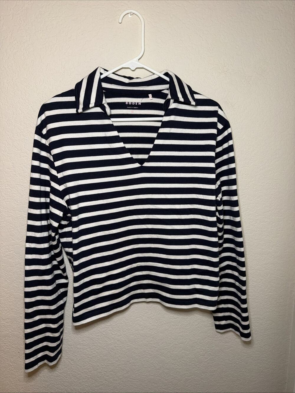 Boden Medium Collar V-neck Long Sleeve Navy Striped Polo Shirt Top